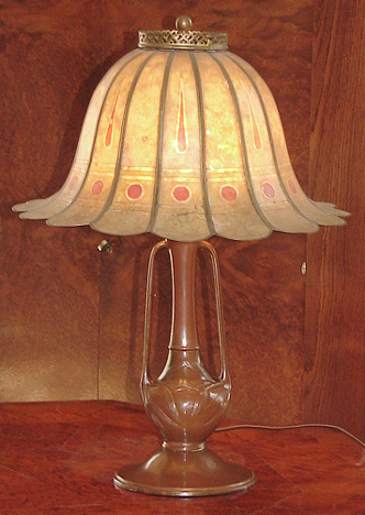 American Art Nouveau Lamp With 16 Paneled Mica Shade Here S An Early American Table Lamp In The Art Nouveau Style With A 16 Paneled Mica Shade Measures 24 Inches Tall And Has Bronze Patina Over